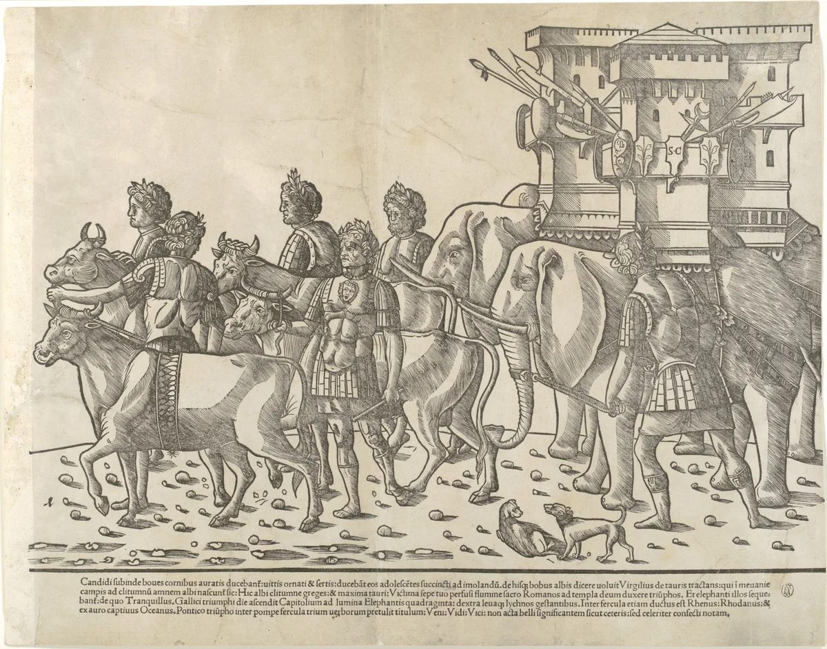 Oxen and elephants, from "The Triumph of Caesar" by Jacob, print, 1504