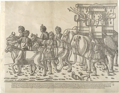 Oxen and elephants, from "The Triumph of Caesar" by Jacob, print, 1504