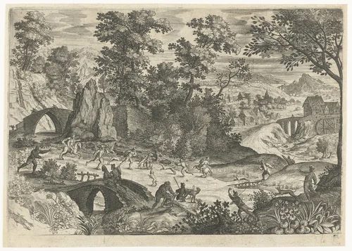 Landschap met berenjacht by anonymous, print, 1575-1603
