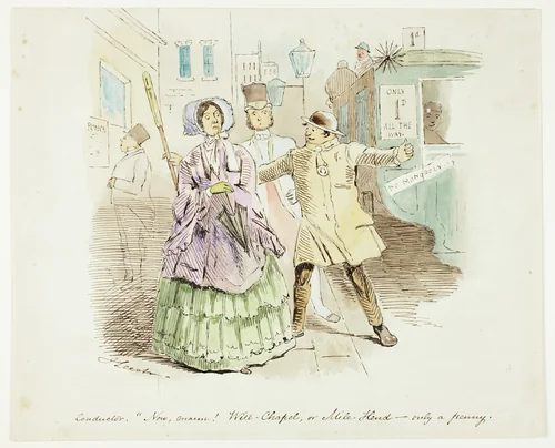 Conducter, 'Now Marm! Wait-Chapel or Mile Hend-only a by John Leech, painting, 1837-1864