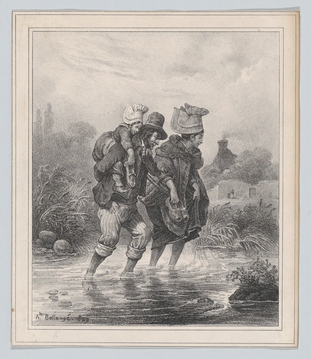 Man, Woman and Child Crossing a Stream by Hippolyte Bellangé, print, 1829