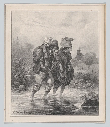 Man, Woman and Child Crossing a Stream by Hippolyte Bellangé, print, 1829