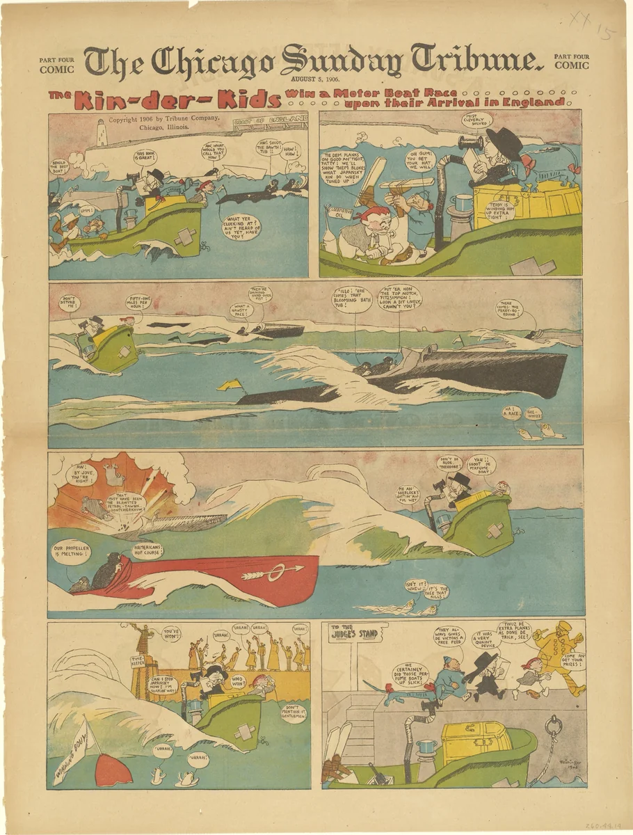 The Kin-der-Kids Win a Motor Boat Race upon their Arrival in England from The Chicago Sunday Tribune by Lyonel Feininger, print, 1906