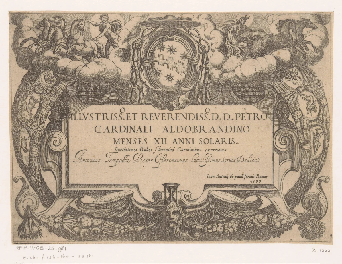 Cartouche met opdracht aan kardinaal Pietro Aldobrandini, Apollo en Diana by Antonio Tempesta, print, 1599