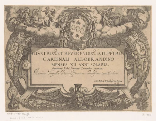 Cartouche met opdracht aan kardinaal Pietro Aldobrandini, Apollo en Diana by Antonio Tempesta, print, 1599