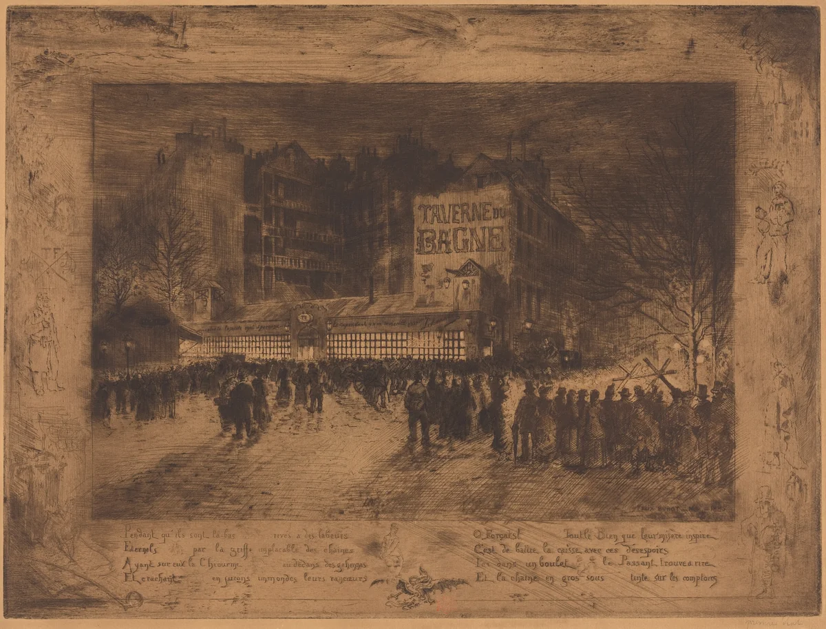 La Place des Martyrs et La Taverne du Bagne (The Place des Martyrs and the Jailhouse Tavern) by Félix-Hilaire Buhot, print, 1885