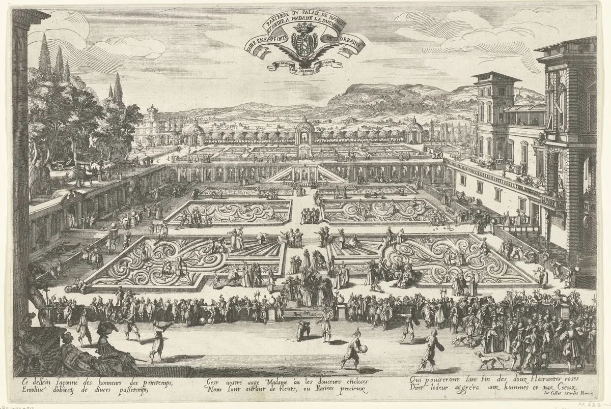 Gezicht op de tuinen bij het hertogelijke paleis te Nancy by anonymous, print, 1625