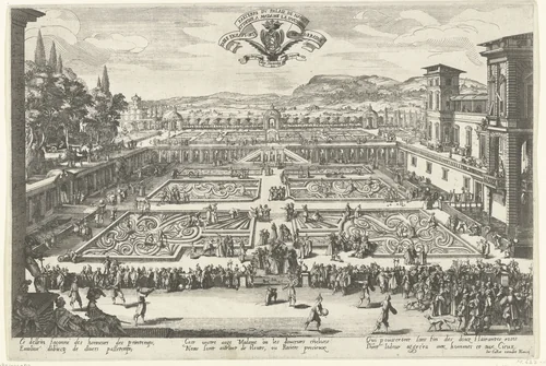 Gezicht op de tuinen bij het hertogelijke paleis te Nancy by anonymous, print, 1625