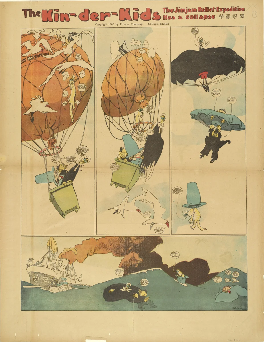 Kin-der-Kids: The Jimjam Expedition has a Collapse from The Chicago Sunday Tribune by Lyonel Feininger, print, 1906