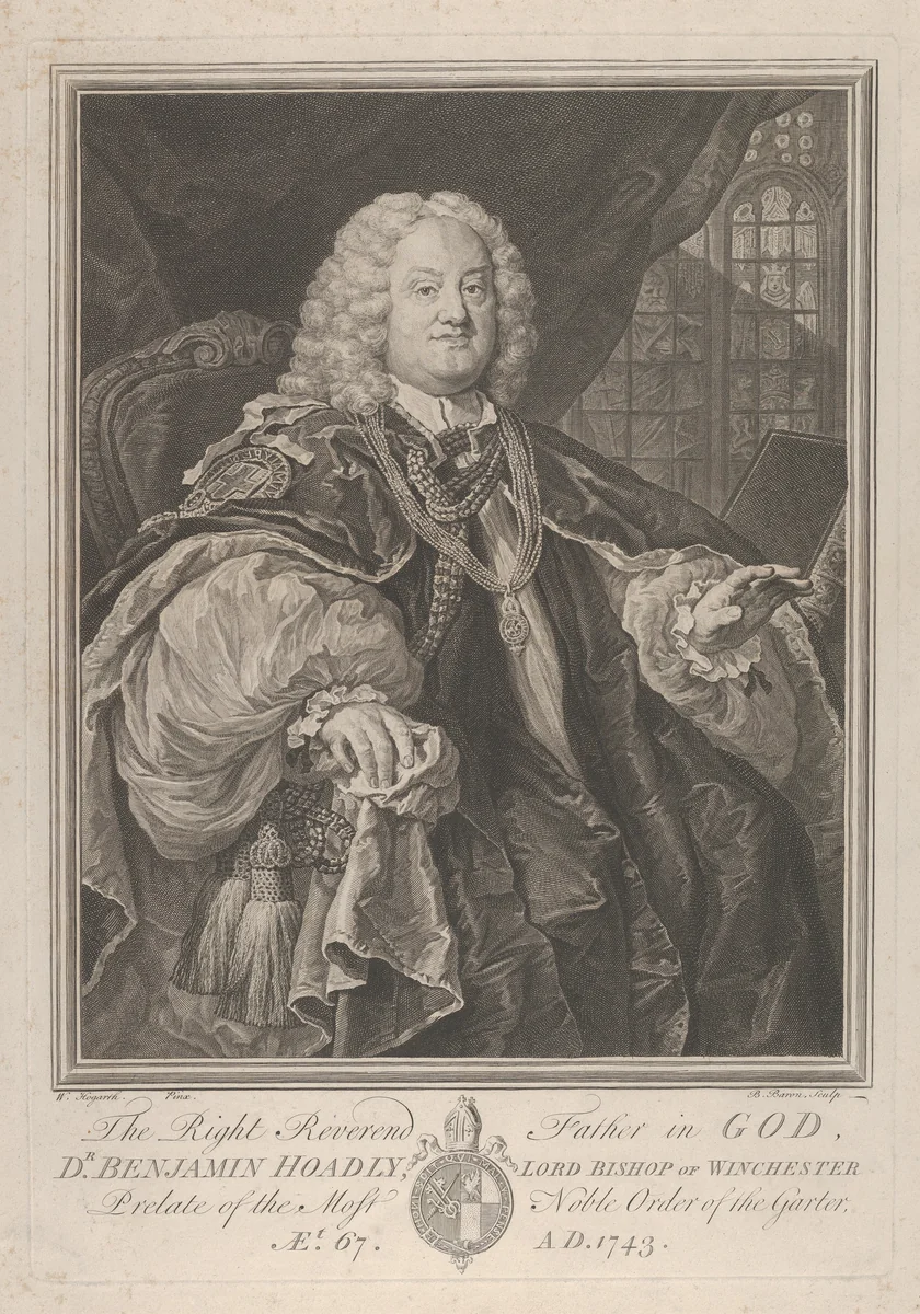 The Right Reverend Father in God, Dr. Benjamin Hoadly, Lord Bishop of Winchester, Prelate of the Most Noble Order of the Garter, Aet. 67. A.D. 1743 by Bernard Baron, print, 1743