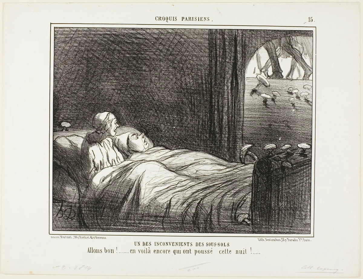 One of the Disadvantages of Living in the Basement. “Look, here are some more that grew last night...,” plate 15 from Croquis Parisiens by Honoré-Victorin Daumier, print, 1856