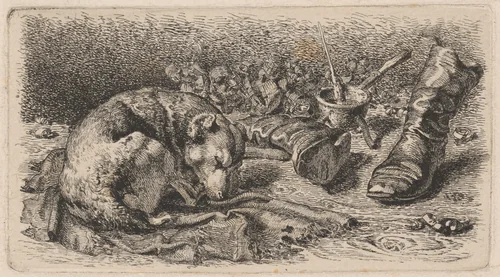 Dog Asleep Beside a Pair of Boots by Sixt Thon, print, 1817-1901