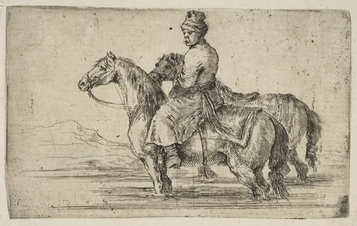 A Polish Groom Bathing Horses by Stefano della Bella, print, 1657-1667