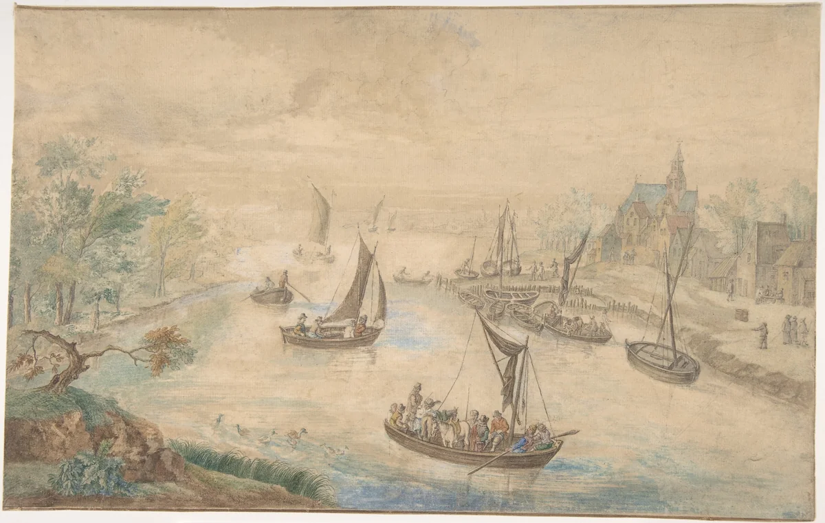 Landscape with River in the Center, with Ferryboat by anonymous, drawing, 1700-1800