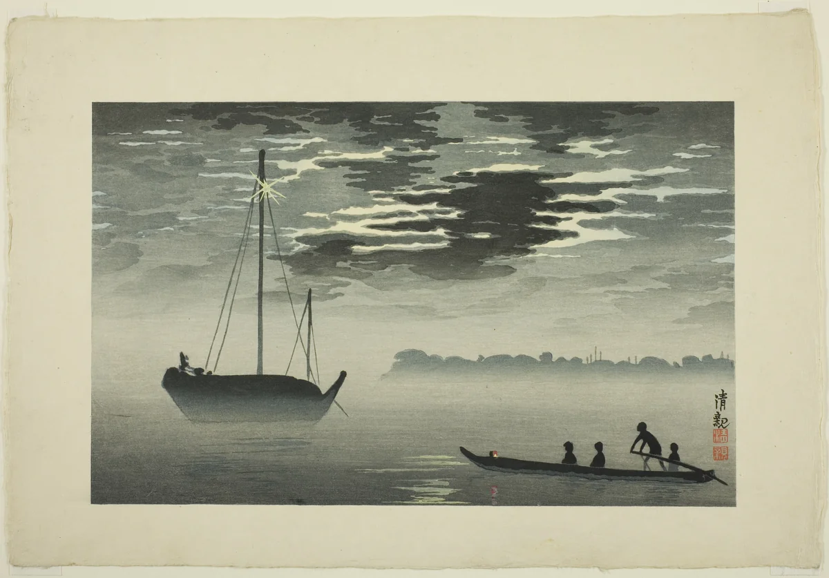 Moonlight through the Clouds off the Haneda Coast by Kobayashi Kiyochika, print, 1929