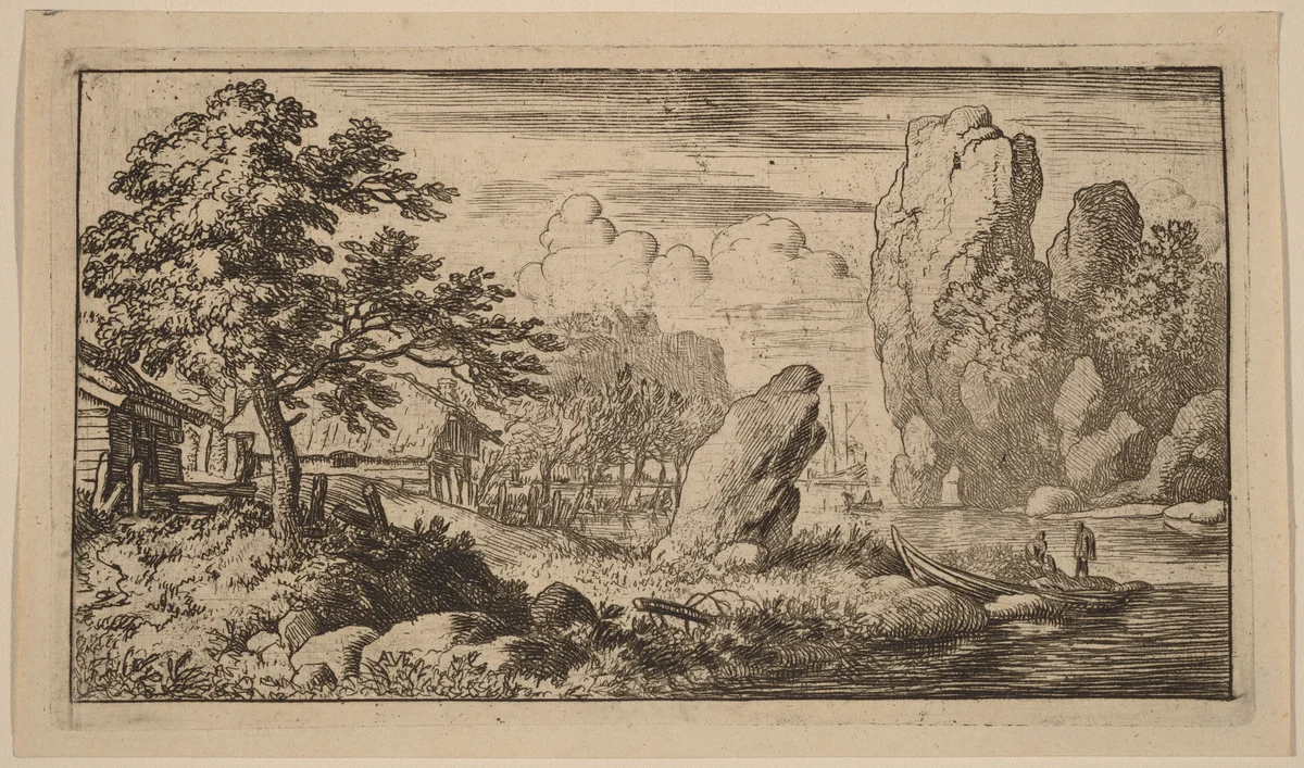 Pointed Boulder at the Bank of a River by Allart van Everdingen, print, 1645-1656