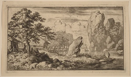 Pointed Boulder at the Bank of a River by Allart van Everdingen, print, 1645-1656