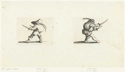 Kleine mens (karikatuur) met twee dolken; groteske figuur met twee zwaarden by Abraham Bosse, print, 1621-1676