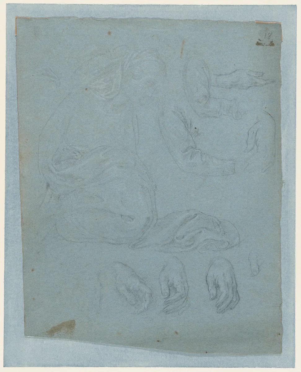 Studies for the Virgin and Saints in the Nativity (interior of shutter of the organ in Milan Cathedral) by Giovanni Ambrogio Figino, drawing, 1592-1595