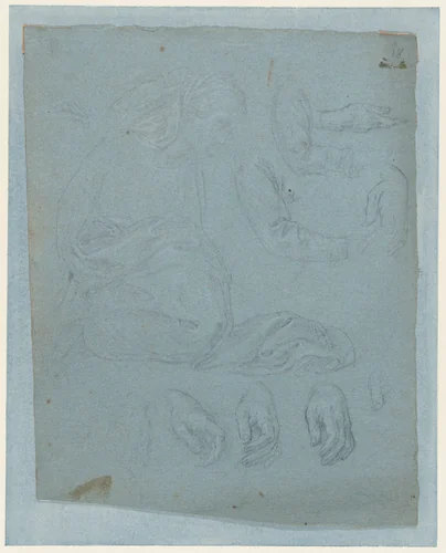 Studies for the Virgin and Saints in the Nativity (interior of shutter of the organ in Milan Cathedral) by Giovanni Ambrogio Figino, drawing, 1592-1595