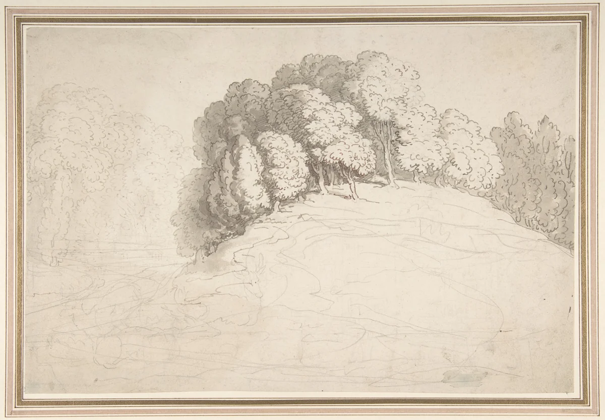 Wooded hillside with deer by Thomas Rowlandson, drawing, 1780-1827