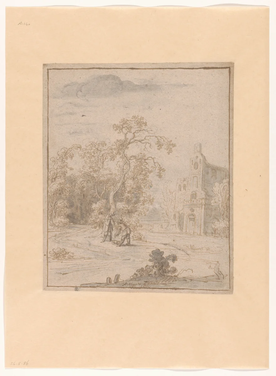 Landschap met een gebouw en twee mannen bij een mand by Philips Huygens, drawing, 1652