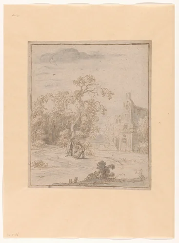 Landschap met een gebouw en twee mannen bij een mand by Philips Huygens, drawing, 1652