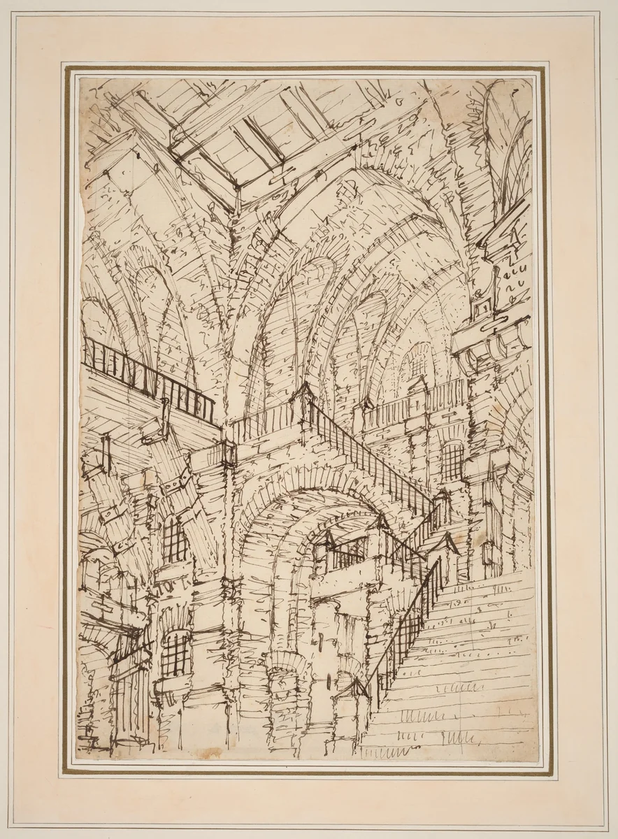 A Prison Interior with a Monumental Staircase by Vincenzo Mazzi, drawing, 1770-1779