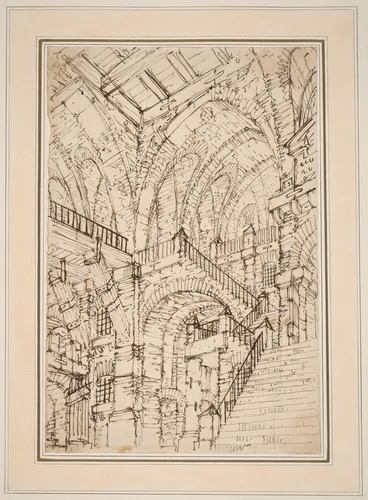 A Prison Interior with a Monumental Staircase by Vincenzo Mazzi, drawing, 1770-1779
