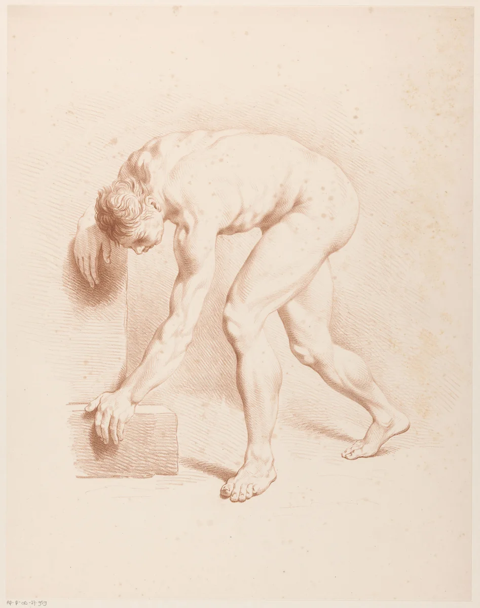 Gebogen naakte man by Jean Augustin Daiwaille, print, 1820-1833