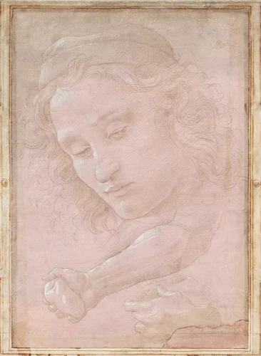 Head of a Youth Wearing a Cap; a Right Forearm with the Hand Clutching a Stone; and a Left Hand Holding a Drapery by Sandro Botticelli, drawing, 1480-1485