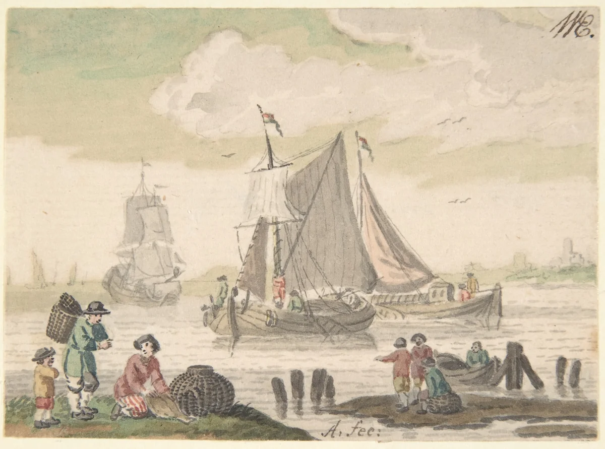Seascape with Six Figures in the Foreground by Nicolaas Aartman, drawing, 1728-1793
