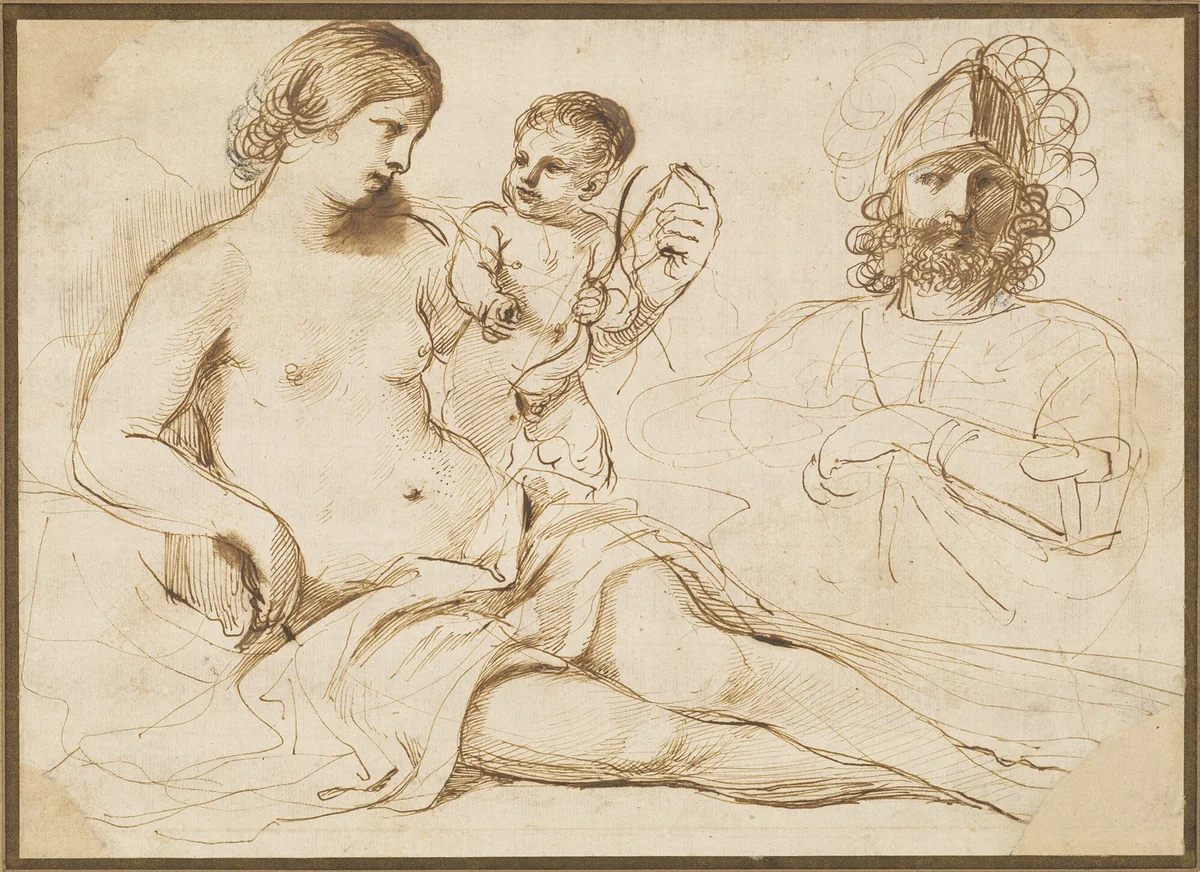 Venus, Cupid, and Mars by Guercino, drawing, 1633-1634