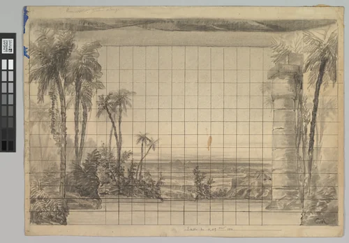 Design for a Stage Set: Backdrop of Tropical Landscape by Eugène Cicéri, drawing, 1830-1890