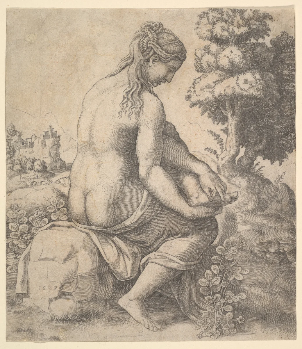 Venus removing a thorn from her foot by Master of the Die, print, 1532
