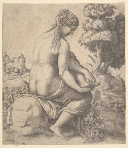 Venus removing a thorn from her foot by Master of the Die, print, 1532