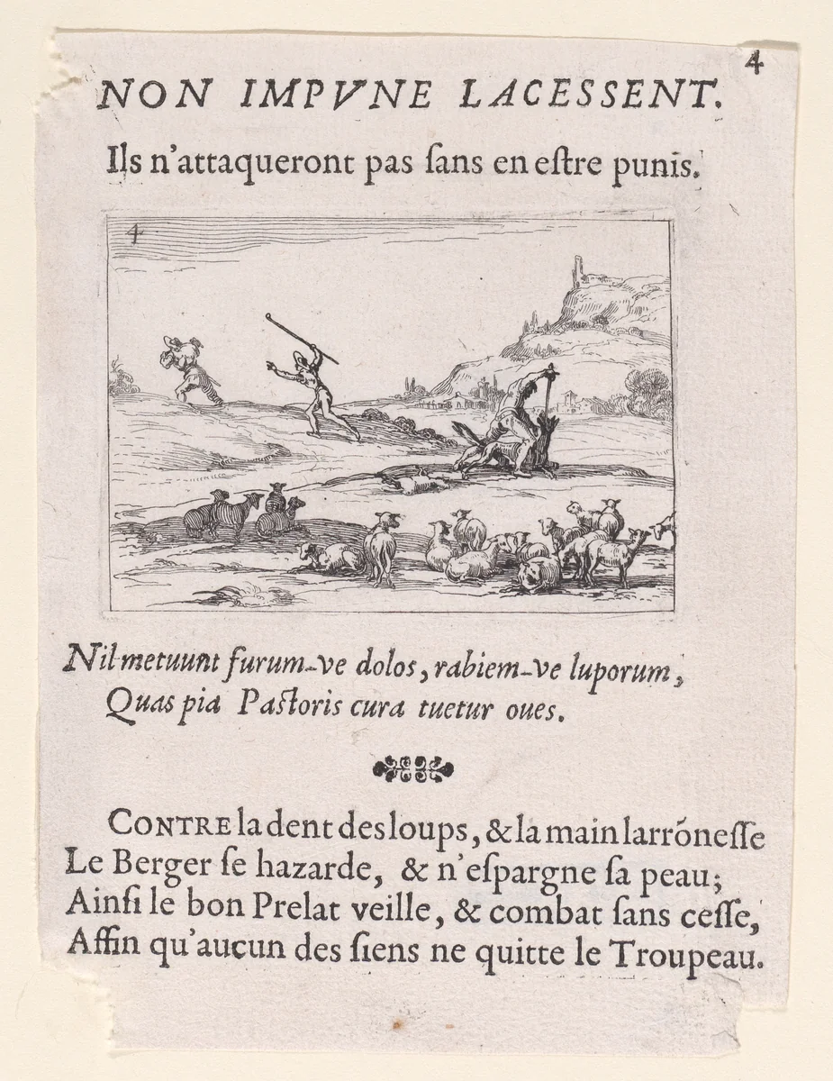 Les Bergers Défendant leur Troupeau (The Shepherds Defending their Herd), plate 4 from "Lux Claustri ou La Lumière du Cloitre" (The Light of the Cloisters) by Jacques Callot, print, 1625-1631