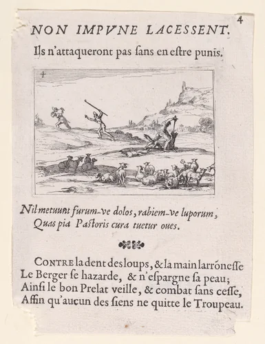 Les Bergers Défendant leur Troupeau (The Shepherds Defending their Herd), plate 4 from "Lux Claustri ou La Lumière du Cloitre" (The Light of the Cloisters) by Jacques Callot, print, 1625-1631