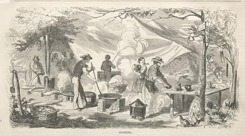 Camp Meeting Sketches: Cooking by Winslow Homer, print, 1858