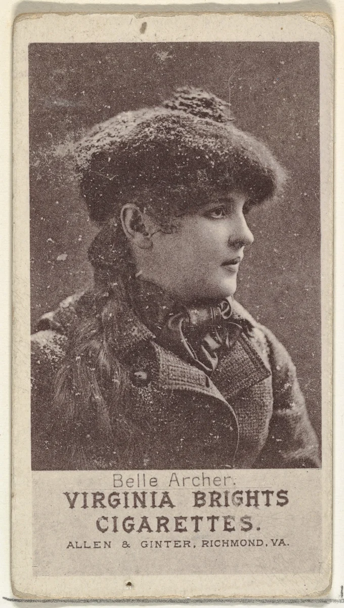 Belle Archer, from the Actresses series (N67) promoting Virginia Brights Cigarettes for Allen & Ginter brand tobacco products by Allen & Ginter, print, 1885-1893