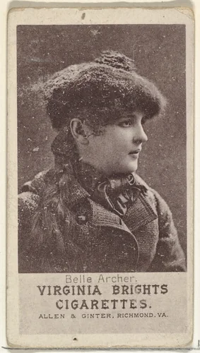 Belle Archer, from the Actresses series (N67) promoting Virginia Brights Cigarettes for Allen & Ginter brand tobacco products by Allen & Ginter, print, 1885-1893