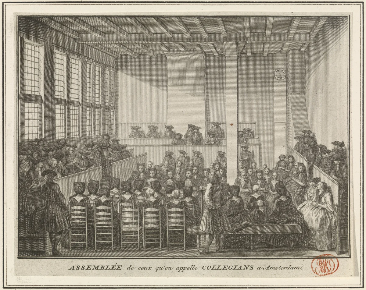 Bijeenkomst van de Collegianten by Pieter Tanjé, print, 1736-1738