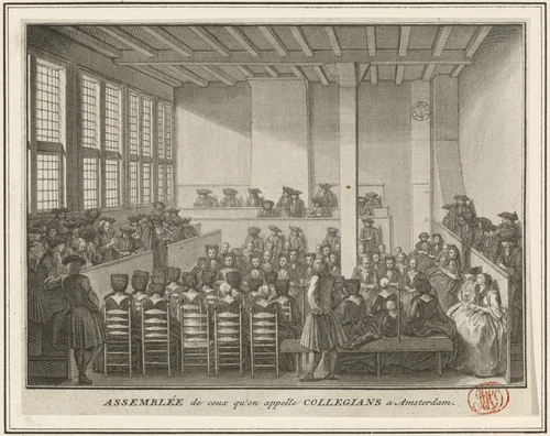 Bijeenkomst van de Collegianten by Pieter Tanjé, print, 1736-1738