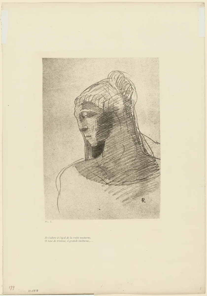I Adore You as I Adore the Vault of the Night Sky, O Vessel of Sadness, O Tall Silent Woman, plate 2 of 9 by Odilon Redon, print, 1890