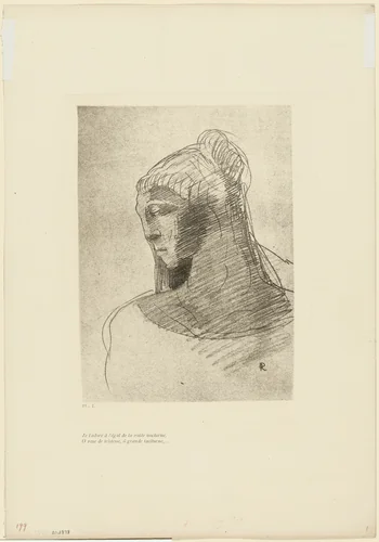 I Adore You as I Adore the Vault of the Night Sky, O Vessel of Sadness, O Tall Silent Woman, plate 2 of 9 by Odilon Redon, print, 1890