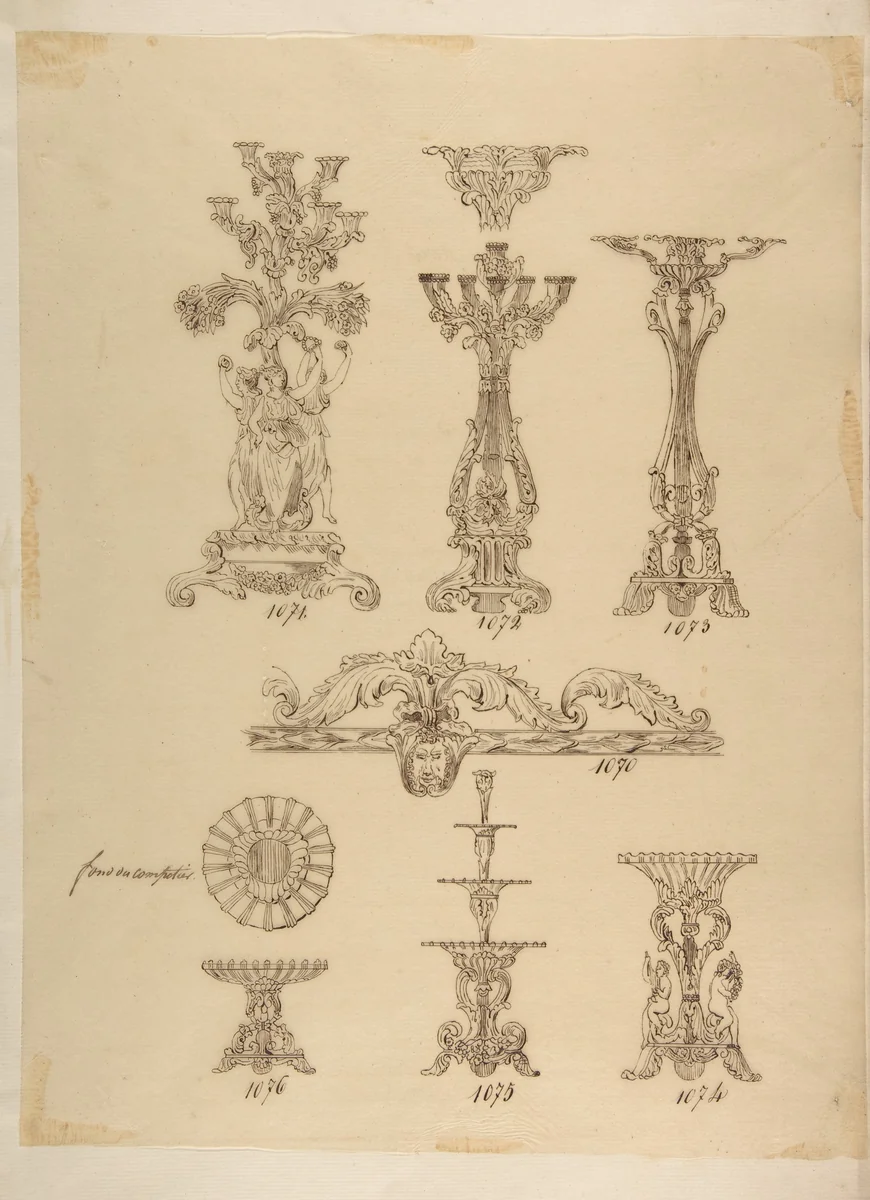 Designs for Three Candelabras, Two Fruit Dishes and a Server by anonymous, drawing, 1800-1899