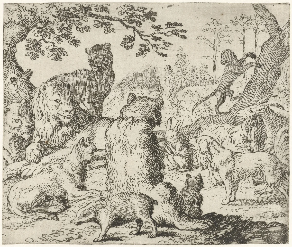 Koning Nobel beveelt om Reinaert de vos te zoeken by Allaert van Everdingen, print, 1665-1675