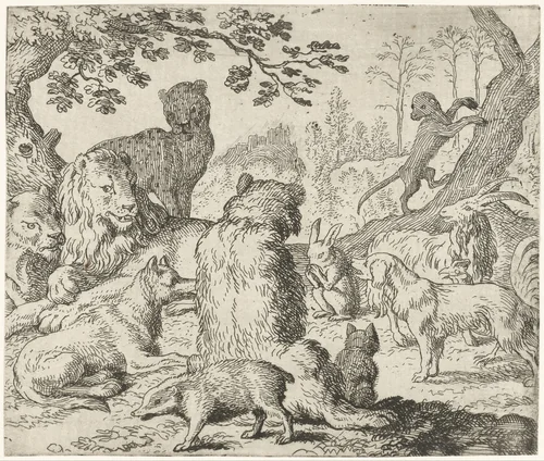 Koning Nobel beveelt om Reinaert de vos te zoeken by Allaert van Everdingen, print, 1665-1675