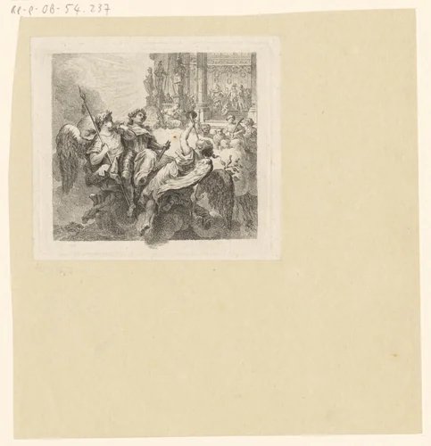 Apotheose van een held, die door Bellona en Fama omhoog gedragen wordt by Georg Friedrich Schmidt, print, 1760