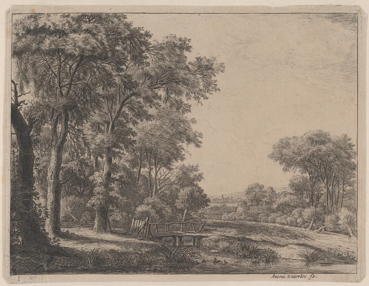 The Entrance to a Forest by a Small Wooden Bridge by Anthonie Waterloo, print, 1620-1690